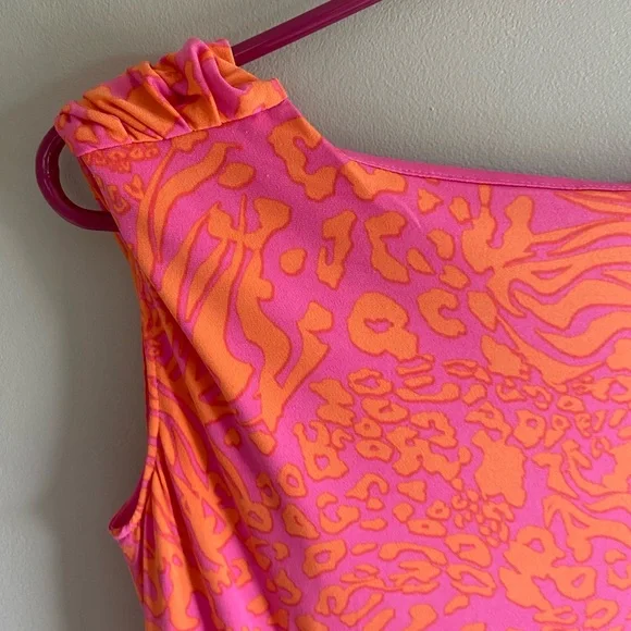 Larry Levine Dress Women's S Pink Orange Cocktail Stretch Ruched Chittah Pattern - Picture 6 of 9